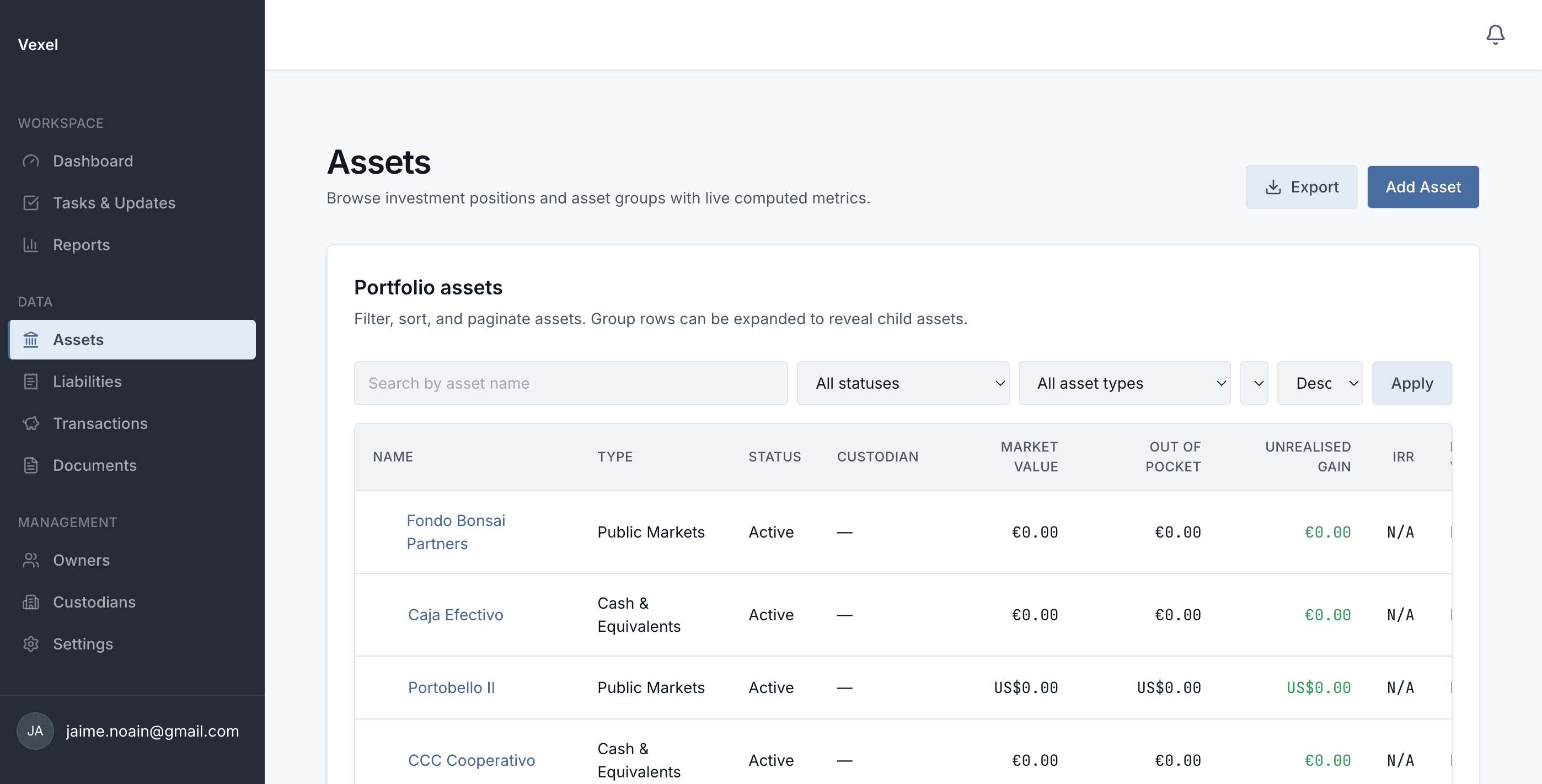 Vexel register of assets and liabilities with balances and currencies