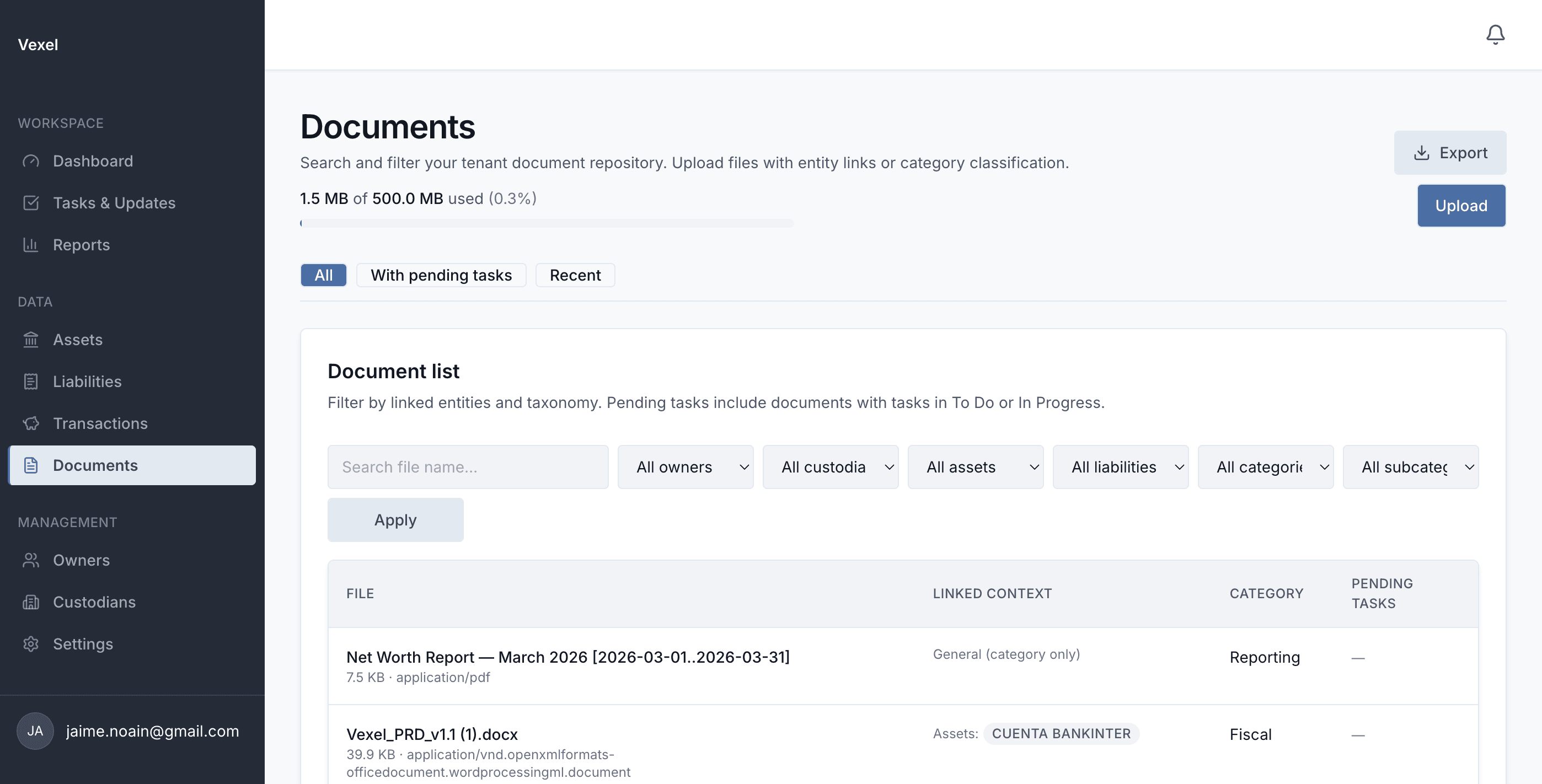 Vexel document library with files linked to portfolio entities