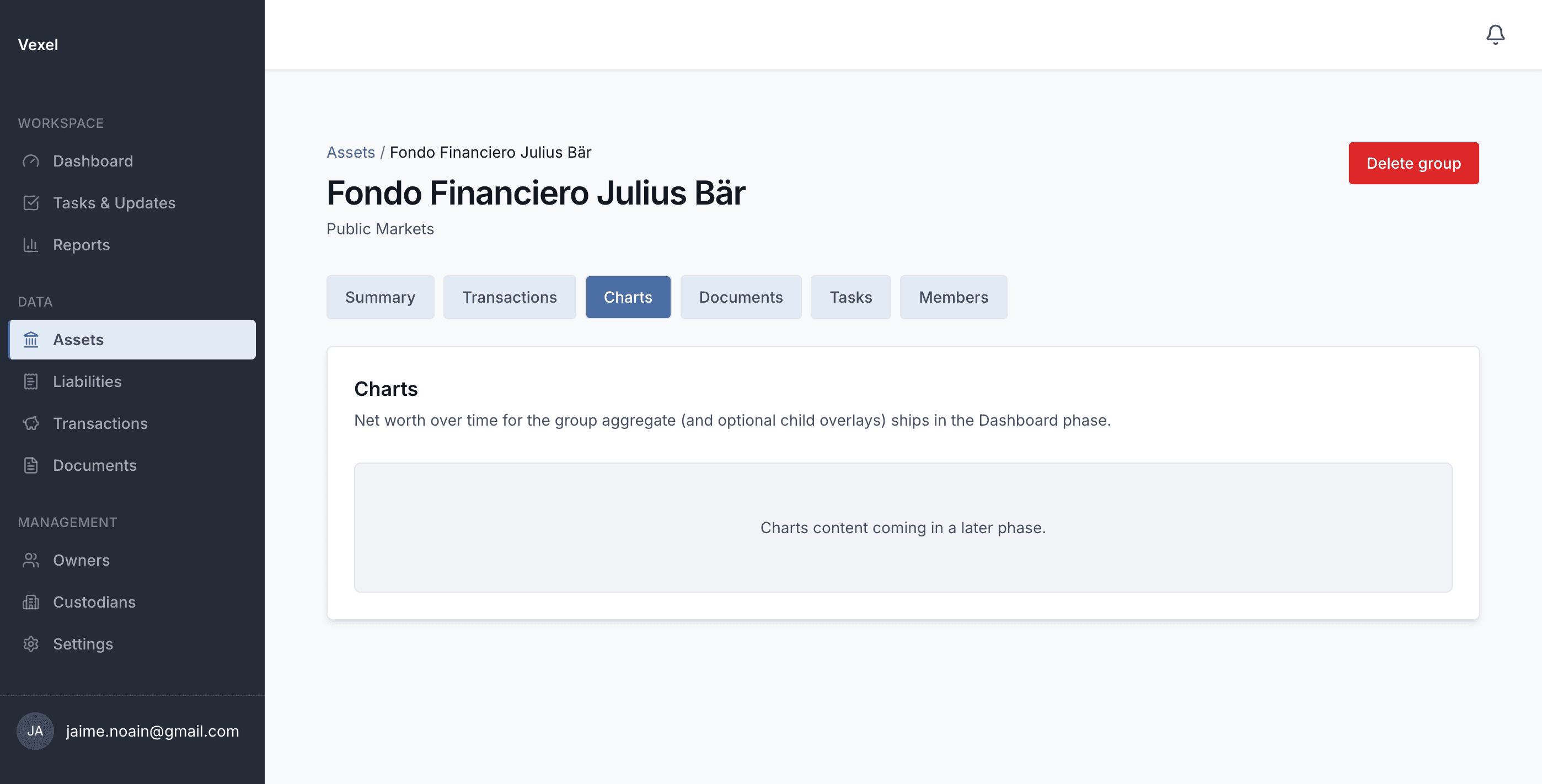 Vexel performance analytics chart with XIRR and returns