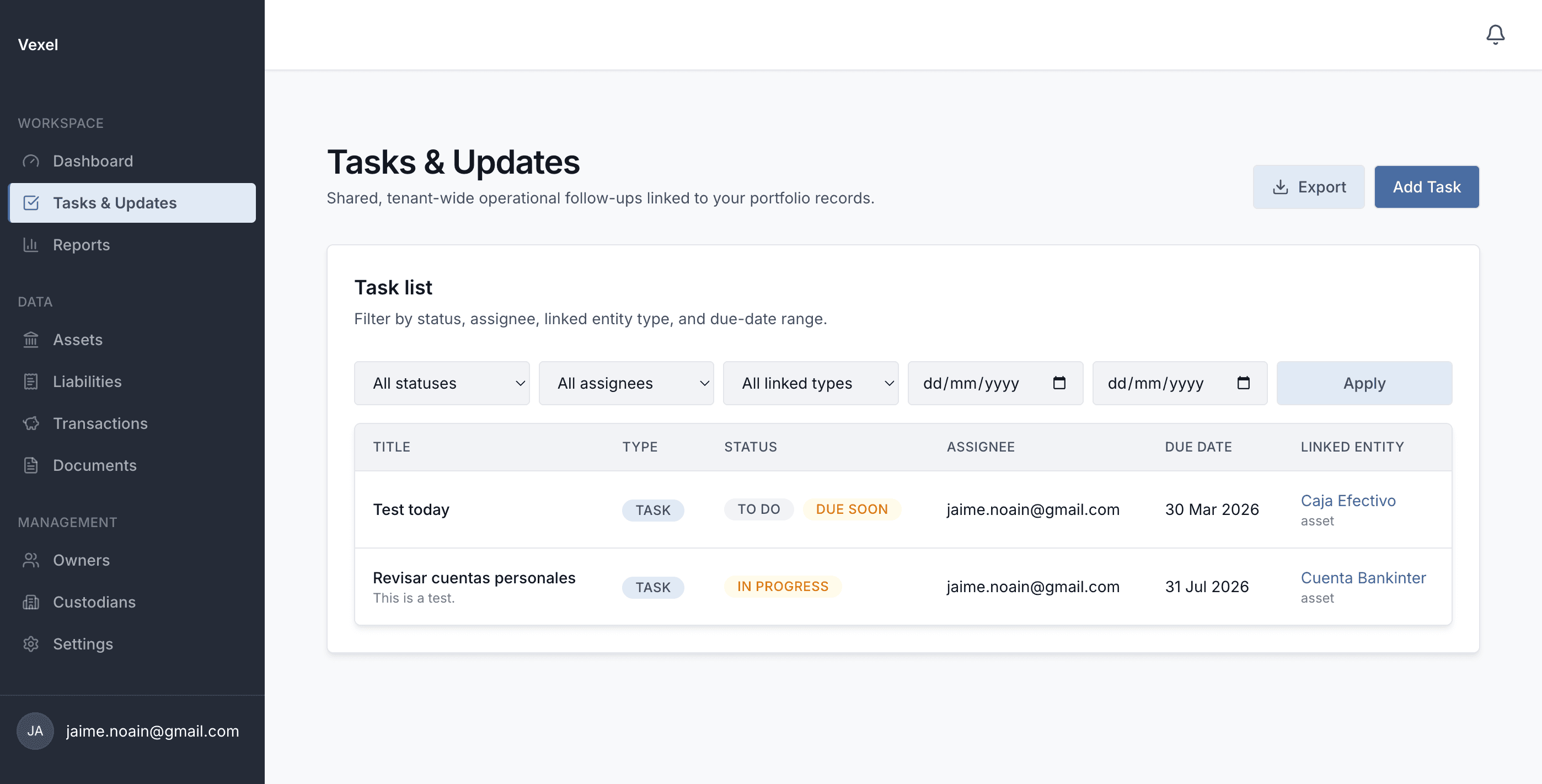 Vexel tasks and activity feed tied to assets and owners